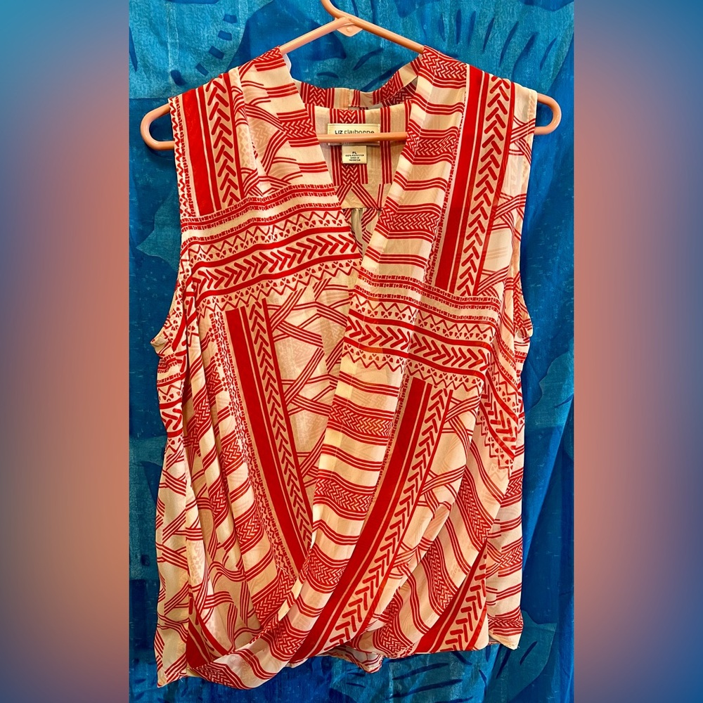 Liz Claiborne Red and White Sleeveless Wrap Tunic